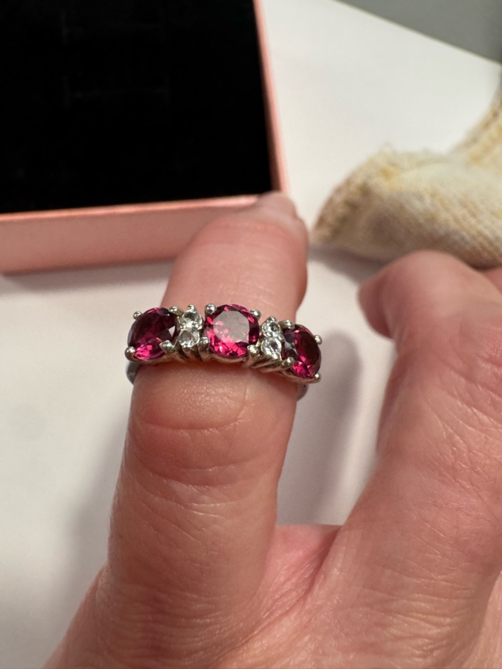 Sterling Ring with Pink Gemstones and White Crystals
